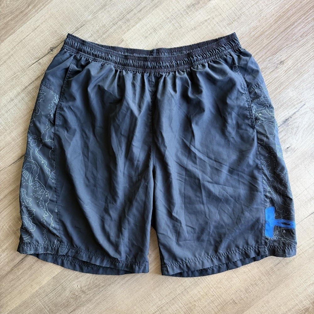 Under Armour HeatGear Mens 2XL Athletic Shorts Topographic Print Gray Blue Logo